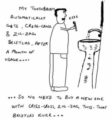 Criss Cross Bristles toothbrush toothpaste,zig-zag,selling marketing gimmick,dental care,satirical toons