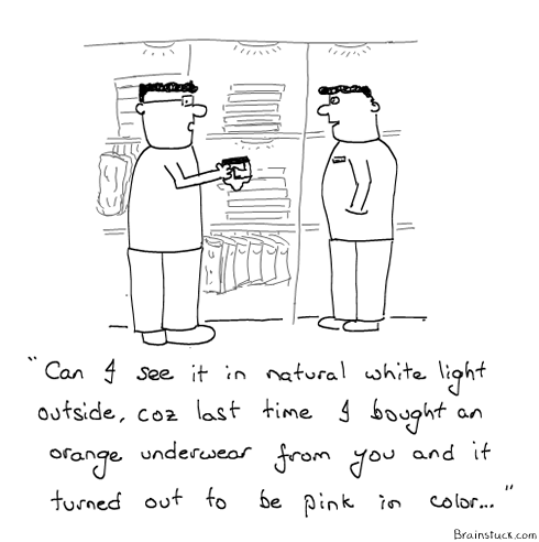 Yellow Lights in Showrooms, Showrooms Lighting, Natural Light, Colors, Clothers, Marketing Light, Orange , Pink, How Retailed dupe customers, True Story comic, 