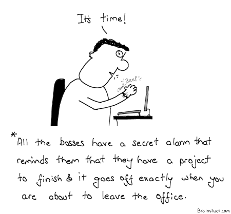Sometimes their alarm goes exactly when you are shutting down or putting your system to sleep... Boss, Work, Office, Project Work, Delegation, Employees, Subordinates, Humor, Comics, Cartoons,Management,